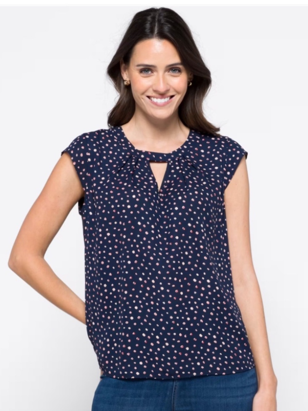 Women’s Navy Cap-Sleeve Keyhole Blouse